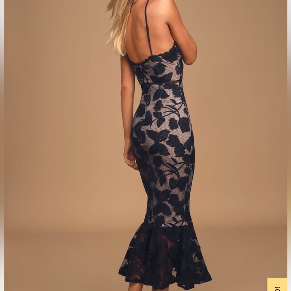 Size Large Lulu's Alluring Dream Navy Blue floral mesh trumpet dress